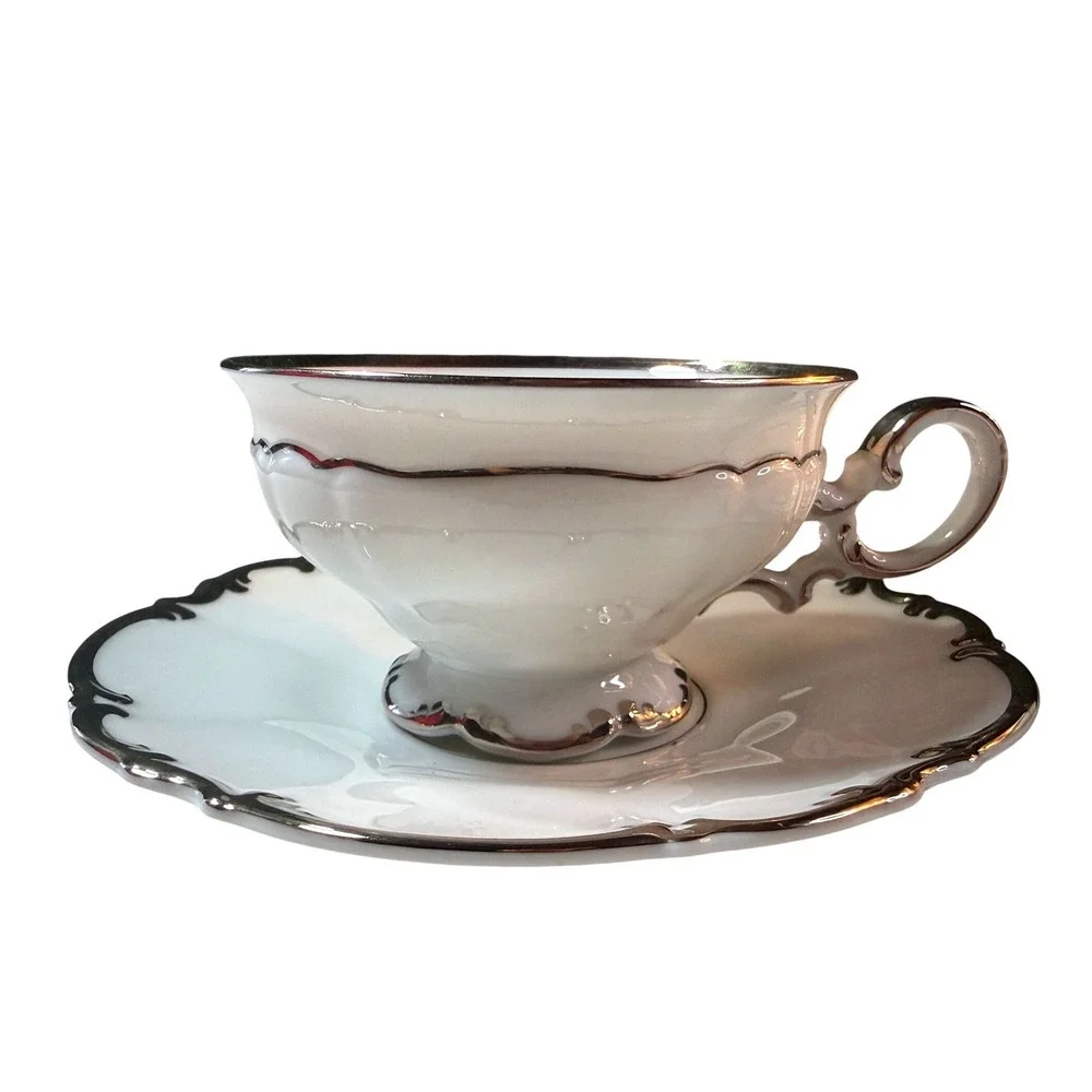 Vintage Porcelain‎ Tea Cup Saucer Set 2 Platinum Trim Scalloped Edge Bavaria MCM
